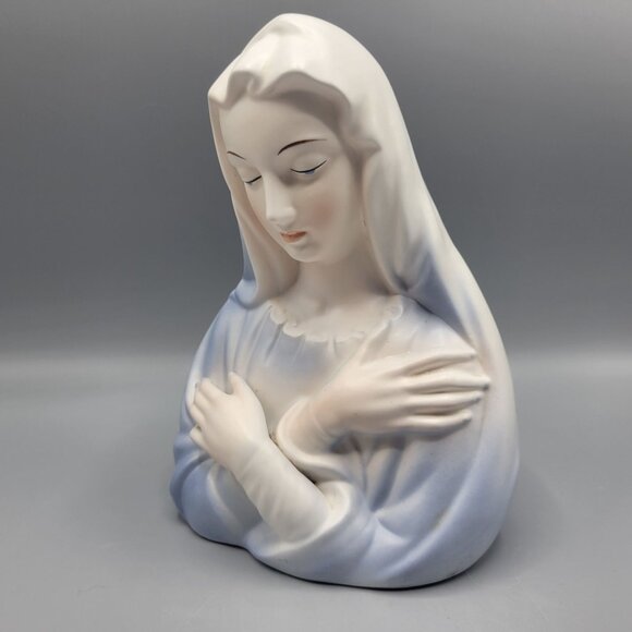 Vintage Enesco Japan Virgin Mary Ceramic Bust Figurine Blue White Religious Deco - Picture 8 of 14